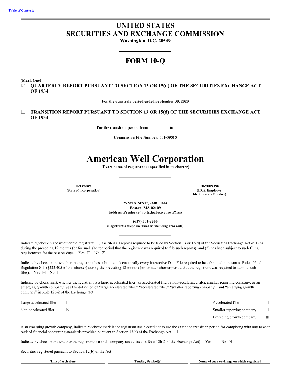 American Well Corporation (Exact Name of Registrant As Specified in Its Charter)