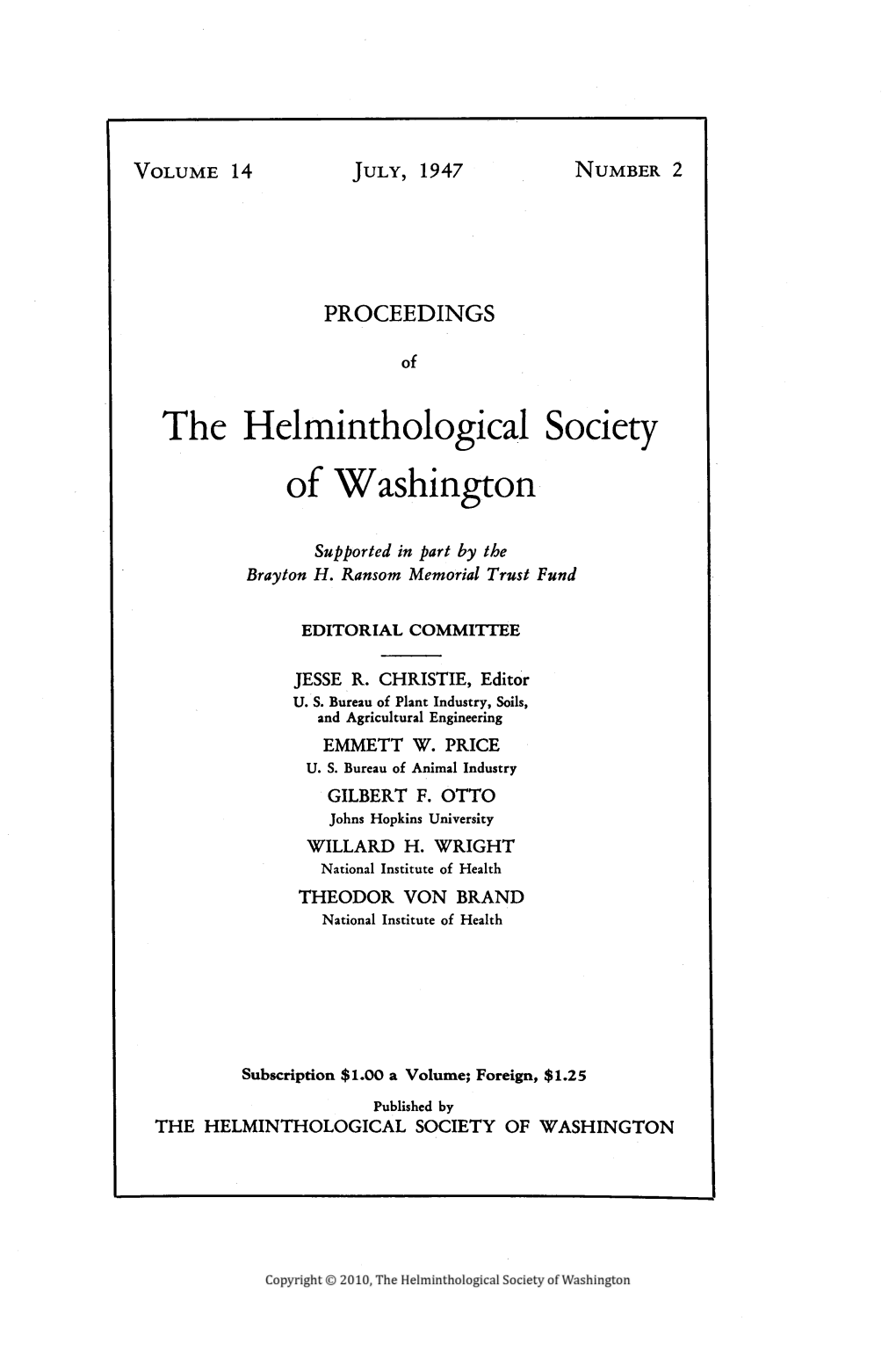 Proceedings of the Helminthological Society of Washington 14(2) 1947