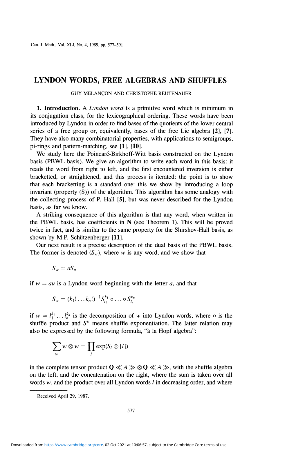 Lyndon Words, Free Algebras and Shuffles