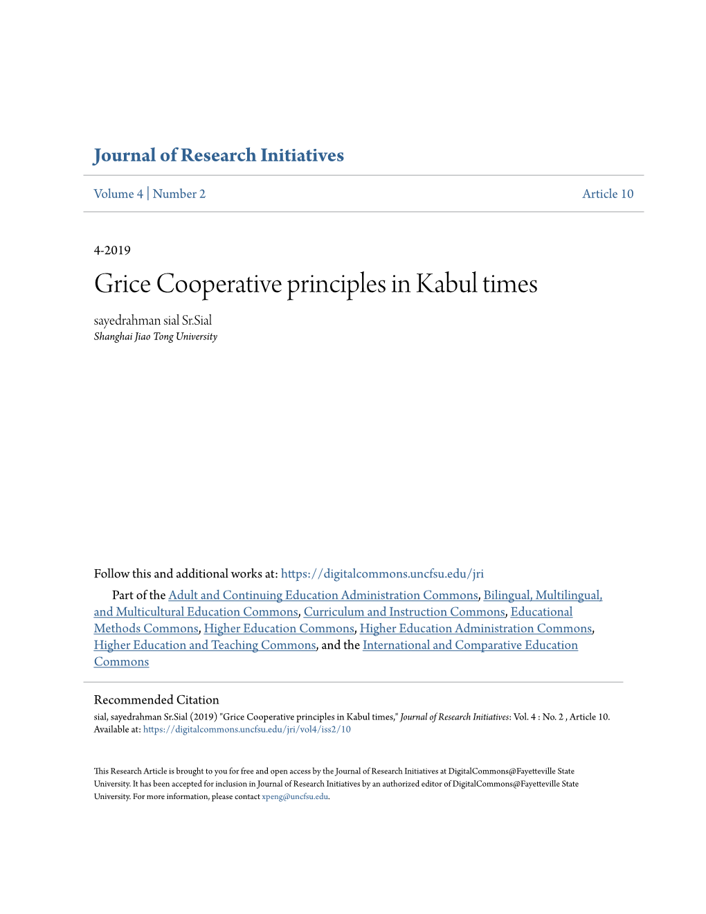 Grice Cooperative Principles in Kabul Times Sayedrahman Sial Sr.Sial Shanghai Jiao Tong University