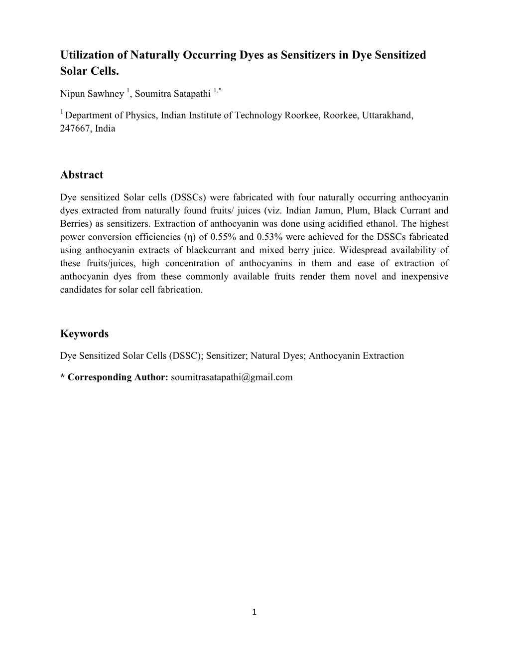 Utilization of Naturally Occurring Dyes As Sensitizers in Dye Sensitized Solar Cells