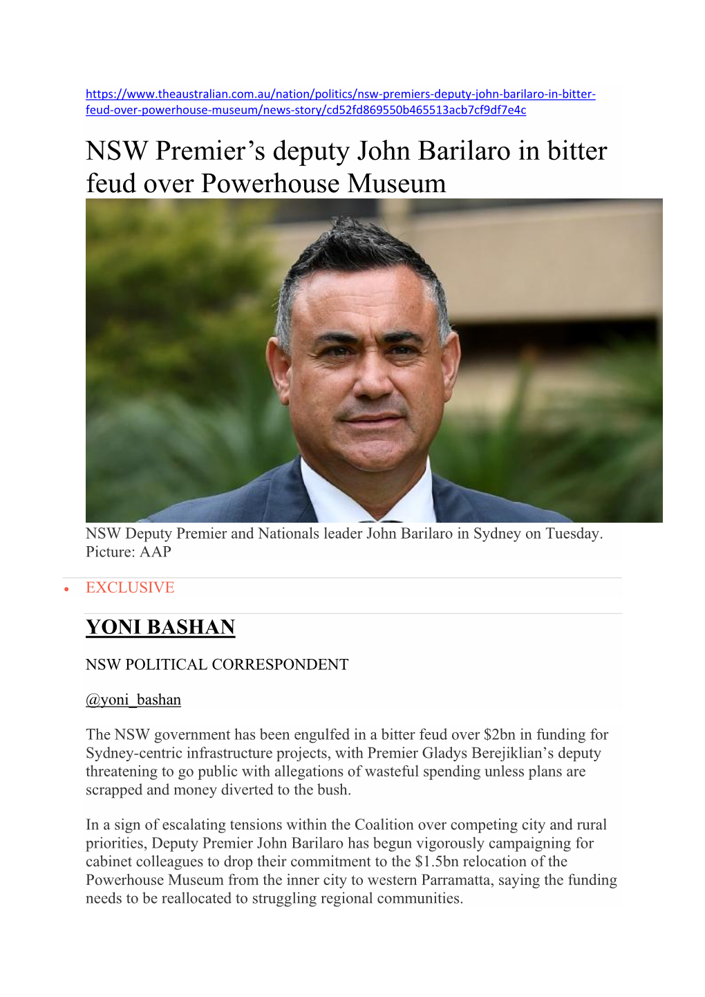 NSW Premier's Deputy John Barilaro in Bitter Feud Over Powerhouse