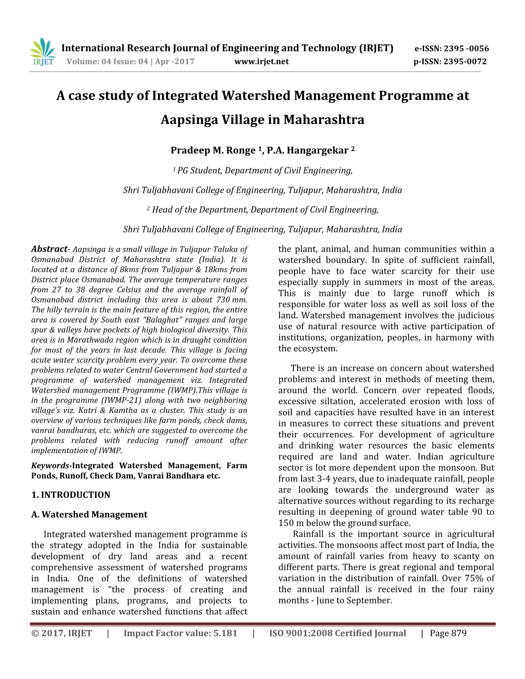 A Case Study of Integrated Watershed Management Programme at Aapsinga Village in Maharashtra