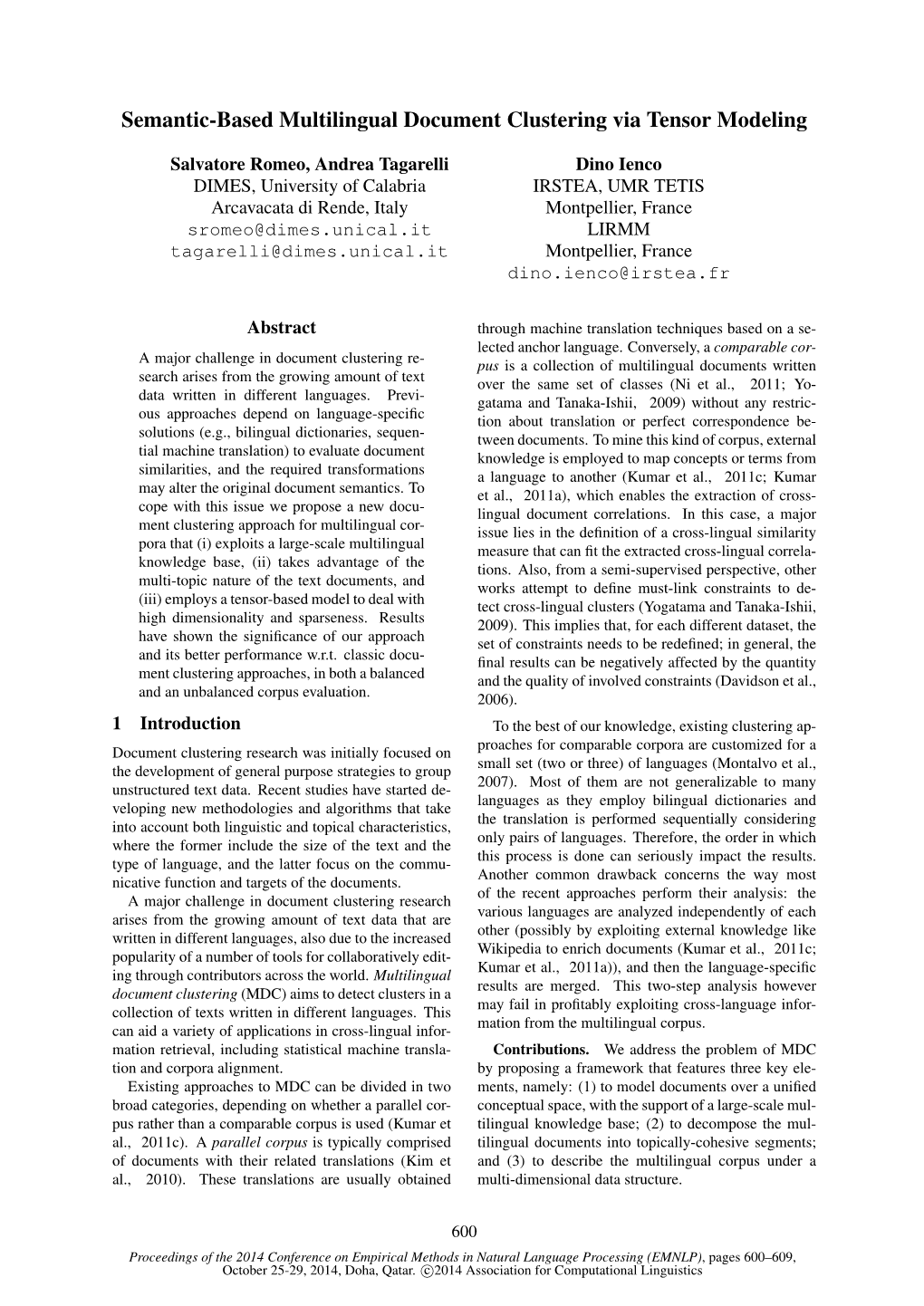 Semantic-Based Multilingual Document Clustering Via Tensor Modeling