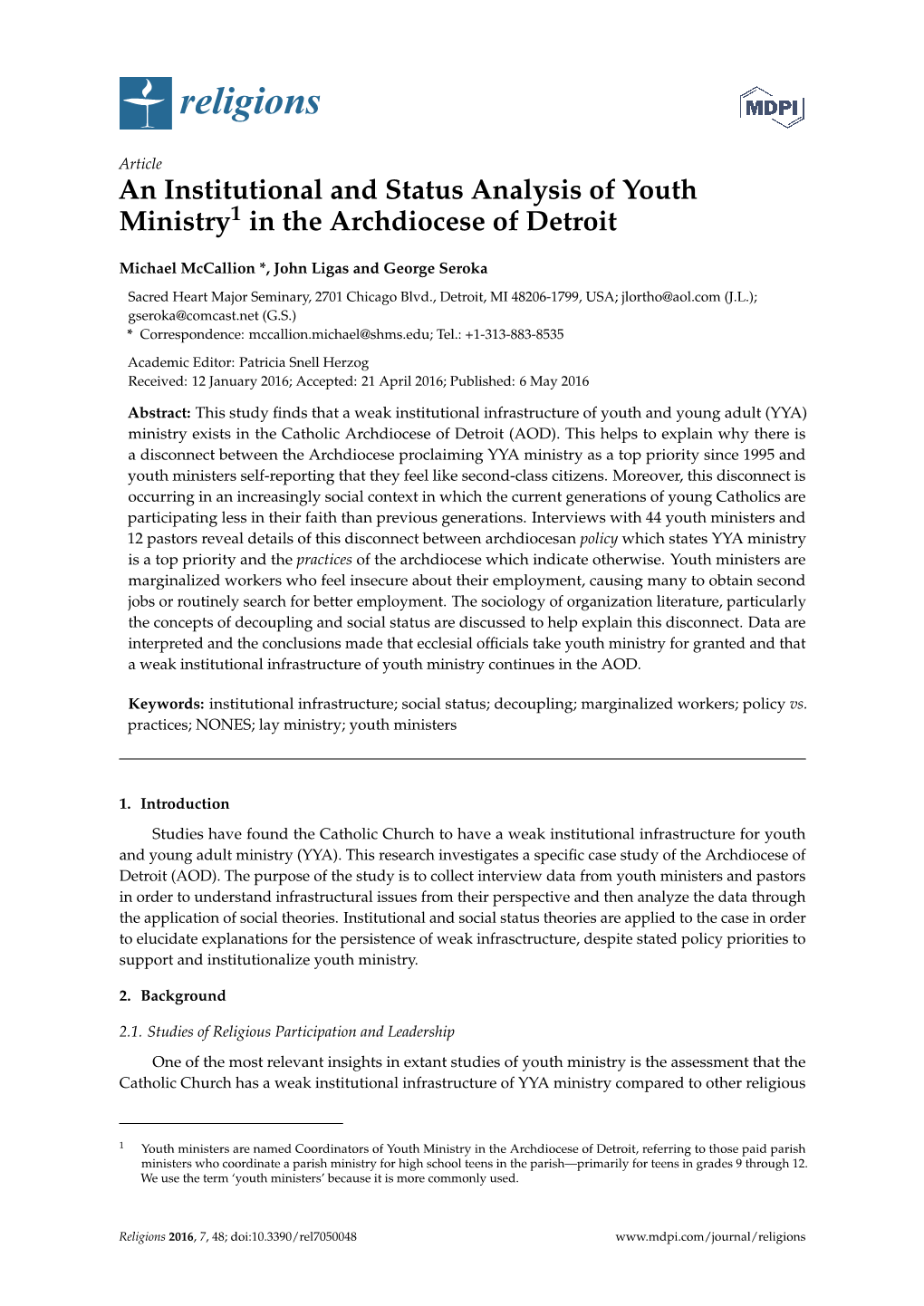 An Institutional and Status Analysis of Youth Ministry1 in the Archdiocese of Detroit