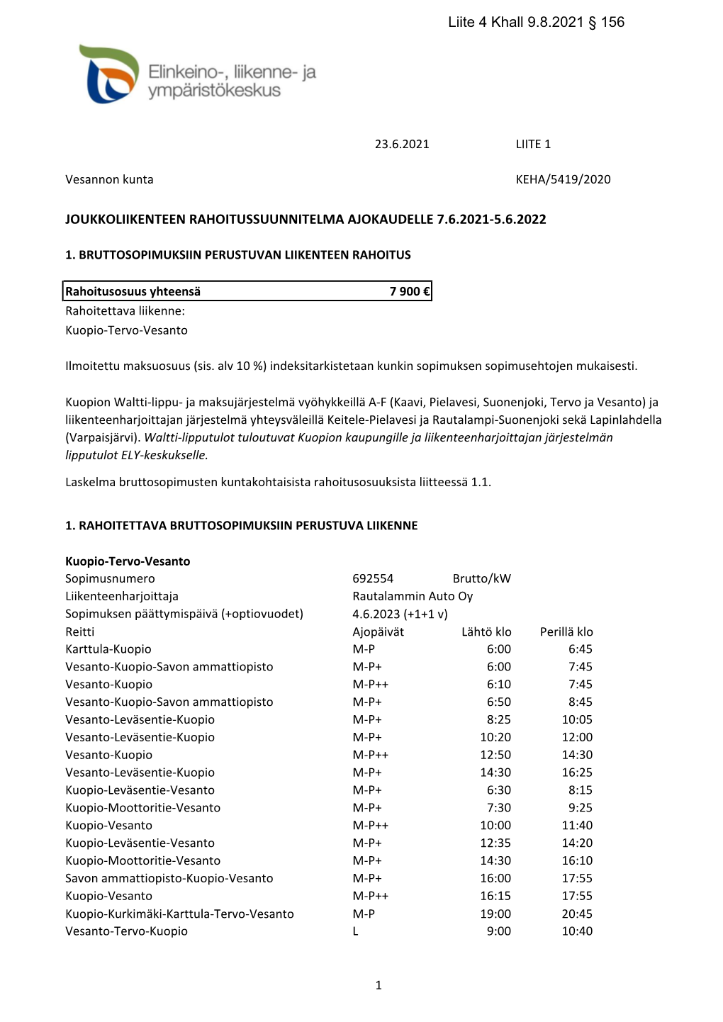 Joukkoliikenteen Rahoitussuunnitelma Ajokaudelle 7.6.2021-5.6.2022