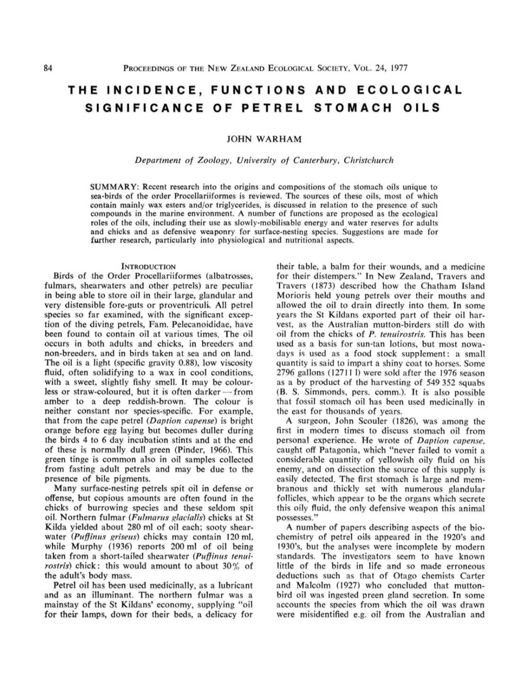 The Incidence, Functions and Ecological Significance of Petrel Stomach Oils