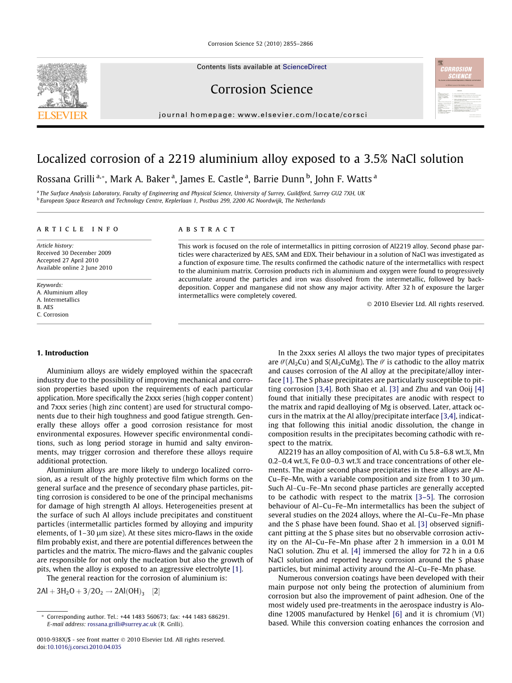 Localized Corrosion of a 2219 Aluminium Alloy Exposed to a 3.5% Nacl Solution