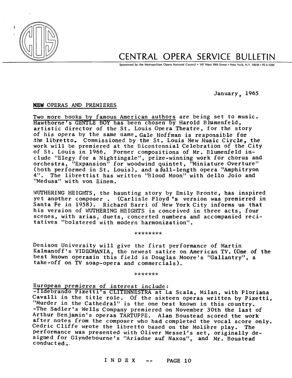 CENTRAL OPERA SERVICE BULLETIN Sponsored by the Metropolitan Opera National Council • 147 West 39Th Street • New York, N.Y