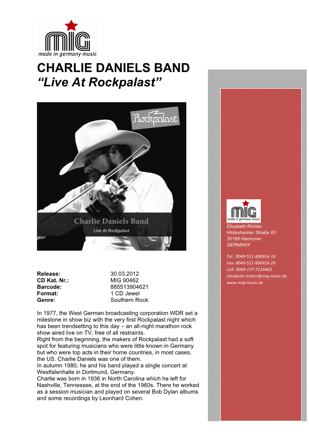 CHARLIE DANIELS BAND “Live at Rockpalast”