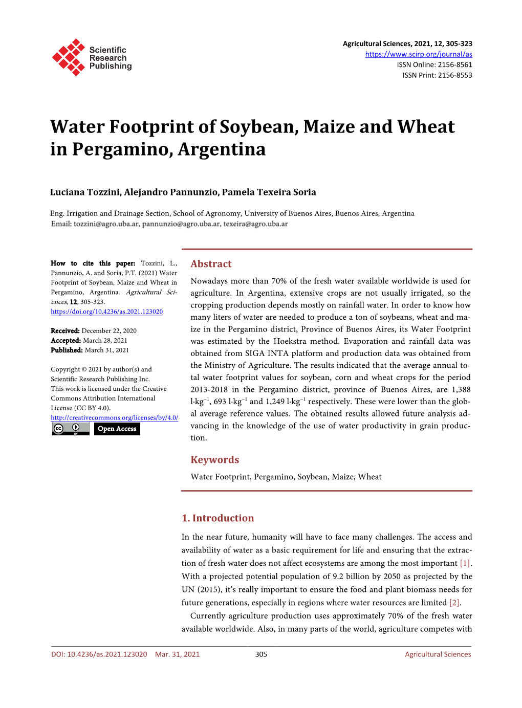 Water Footprint of Soybean, Maize and Wheat in Pergamino, Argentina