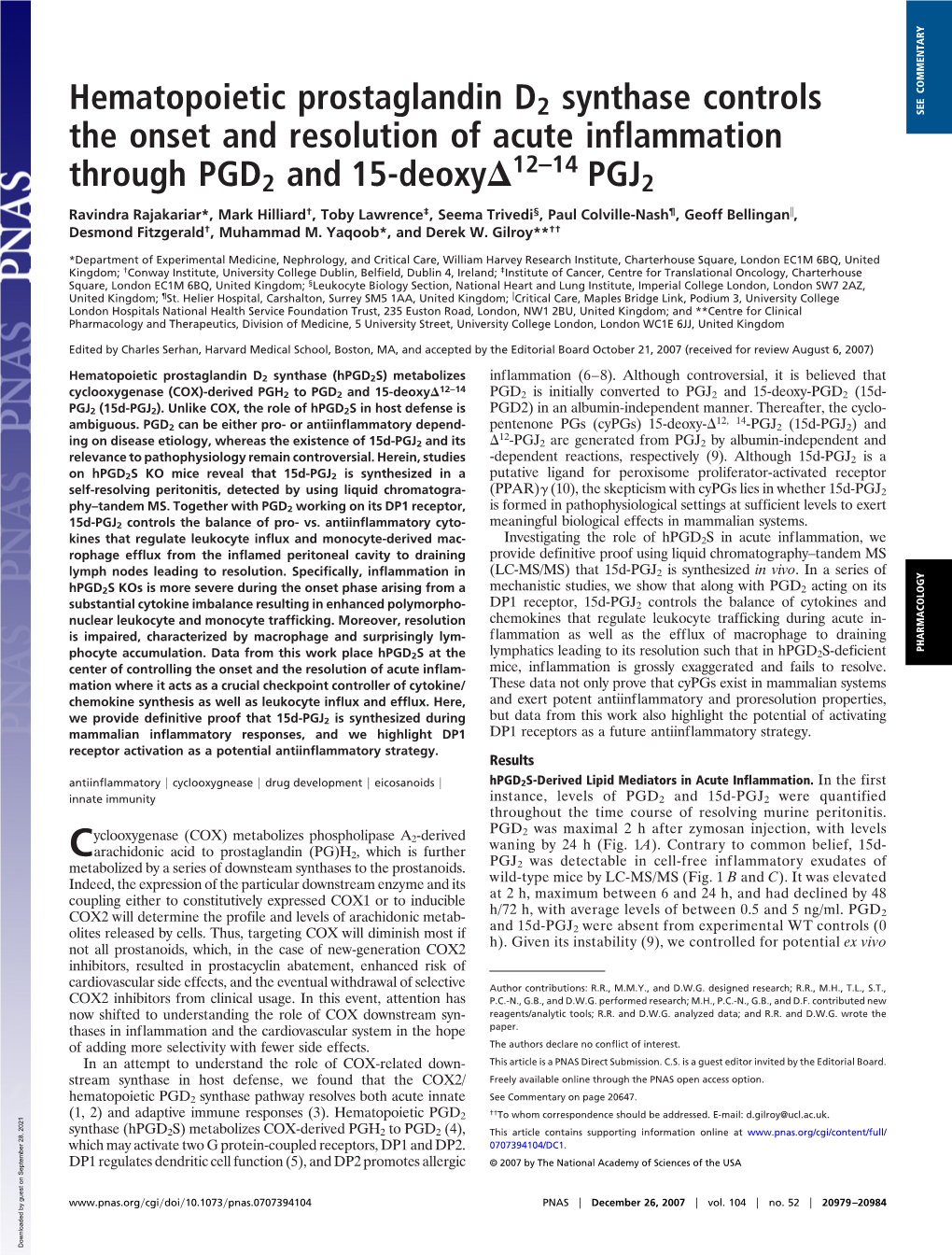 Hematopoietic Prostaglandin D2 Synthase Controls the Onset And