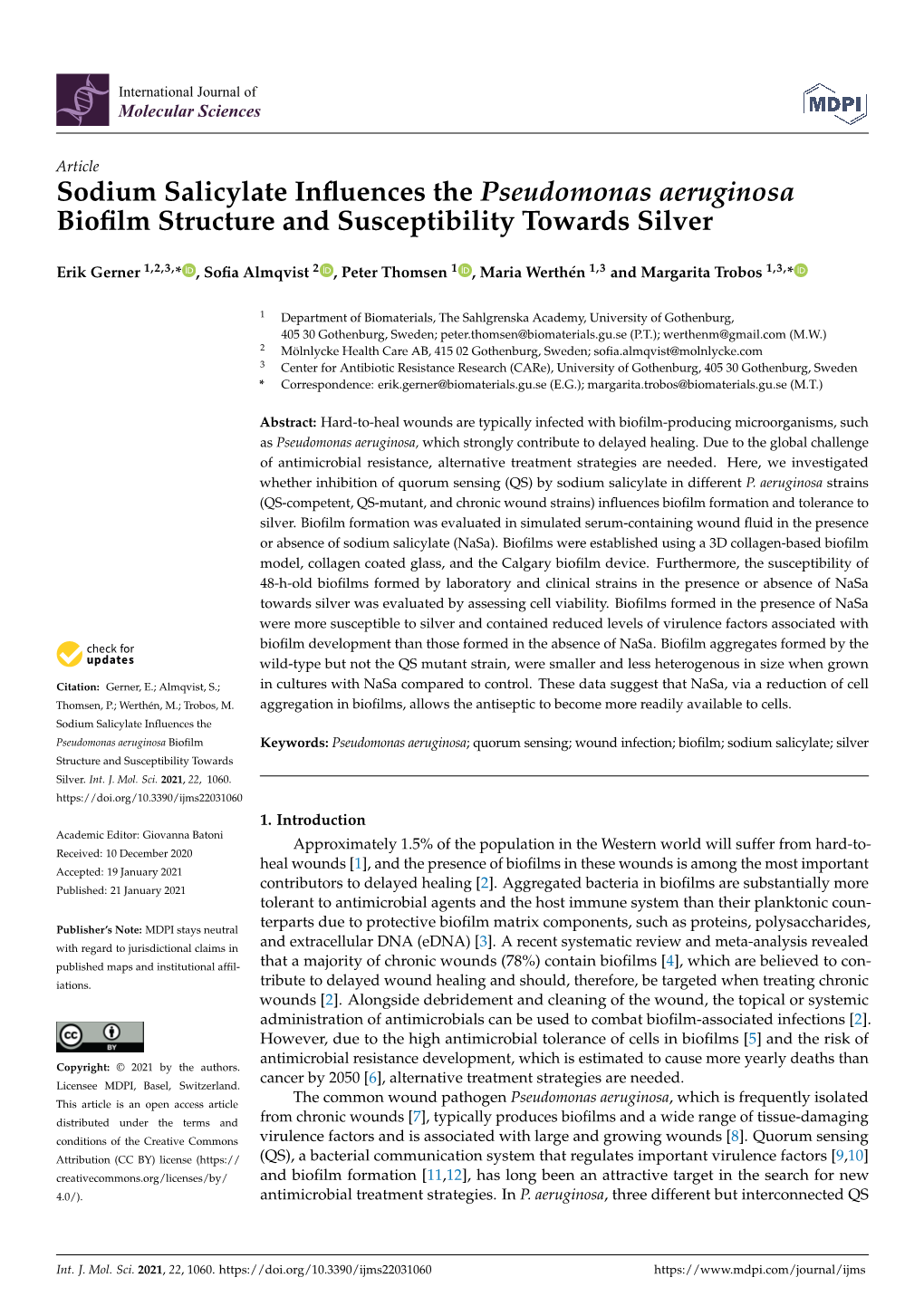 Sodium Salicylate Influences the Pseudomonas Aeruginosa Biofilm