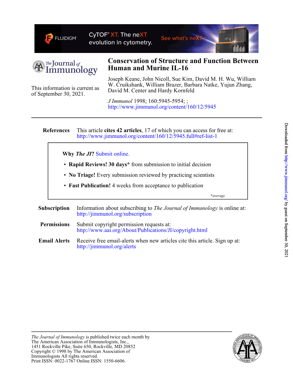 Human and Murine IL-16 Conservation of Structure And