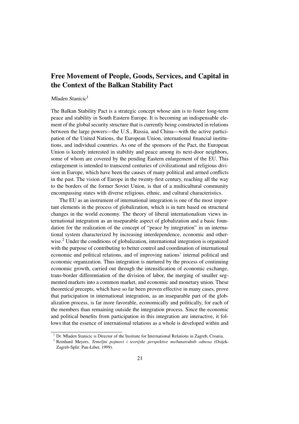 Free Movement of People, Goods, Services, and Capital in the Context of the Balkan Stability Pact