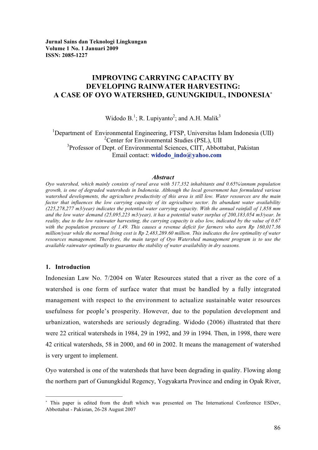 Improving Carrying Capacity by Developing Rainwater Harvesting: a Case of Oyo Watershed, Gunungkidul, Indonesia∗