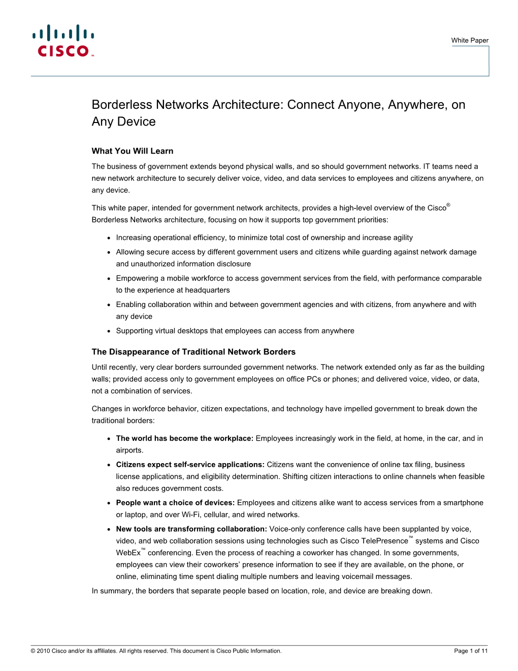 Borderless Networks Architecture: Connect Anyone, Anywhere, on Any Device