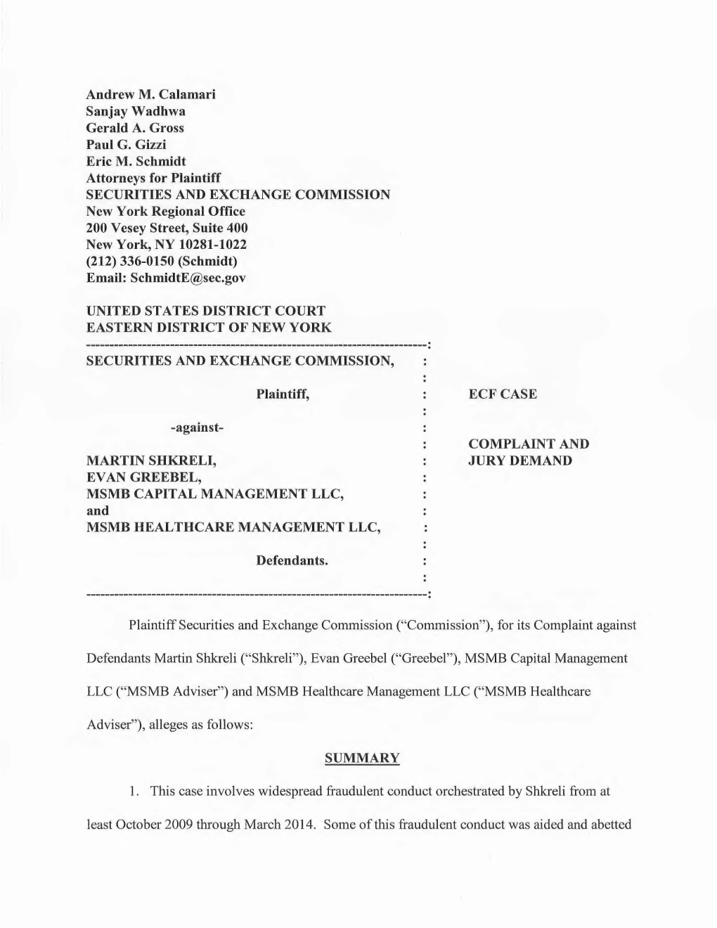 Complaint: Martin Shkreli, Evan Greebel, MSMB Capital