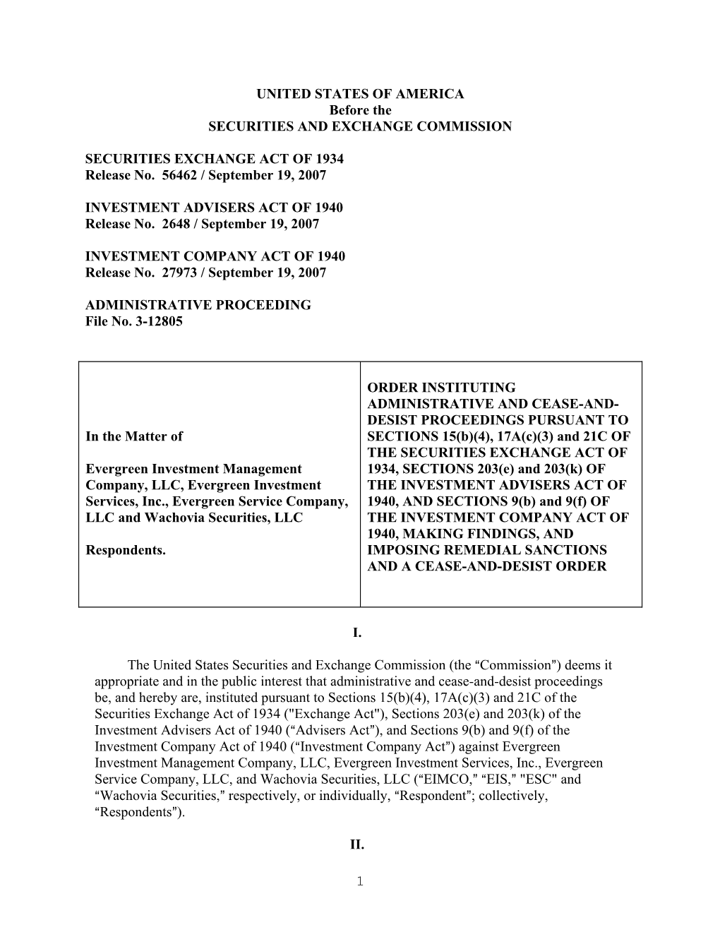 Administrative Proceedings: Evergreen Investment Management