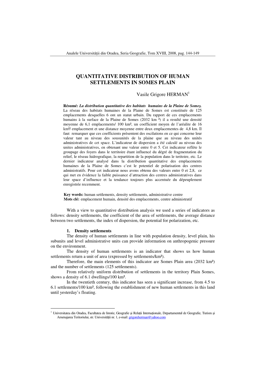 Quantitative Distribution of Human Settlements in Somes Plain