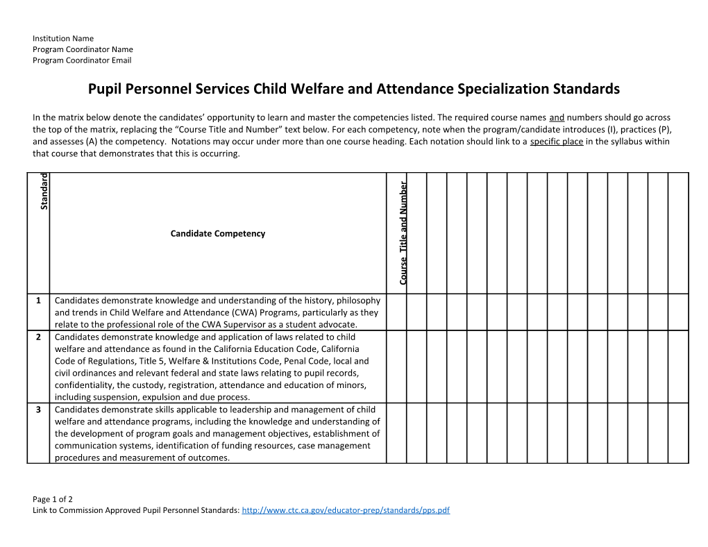 Pupil Personnel Services Child Welfare and Attendance Specialization Standards