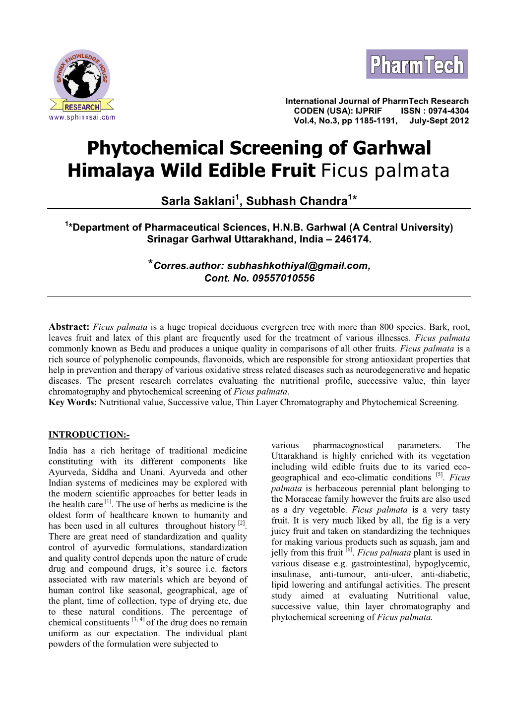 Phytochemical Screening of Garhwal Himalaya Wild Edible Fruit Ficus Palmata