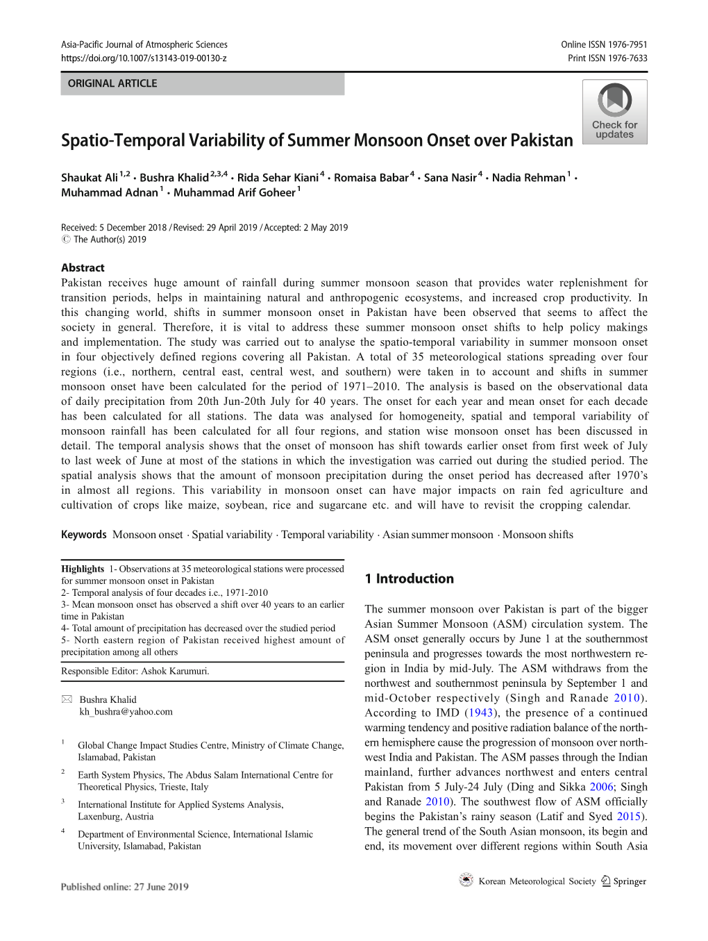 Spatio-Temporal Variability of Summer Monsoon Onset Over Pakistan