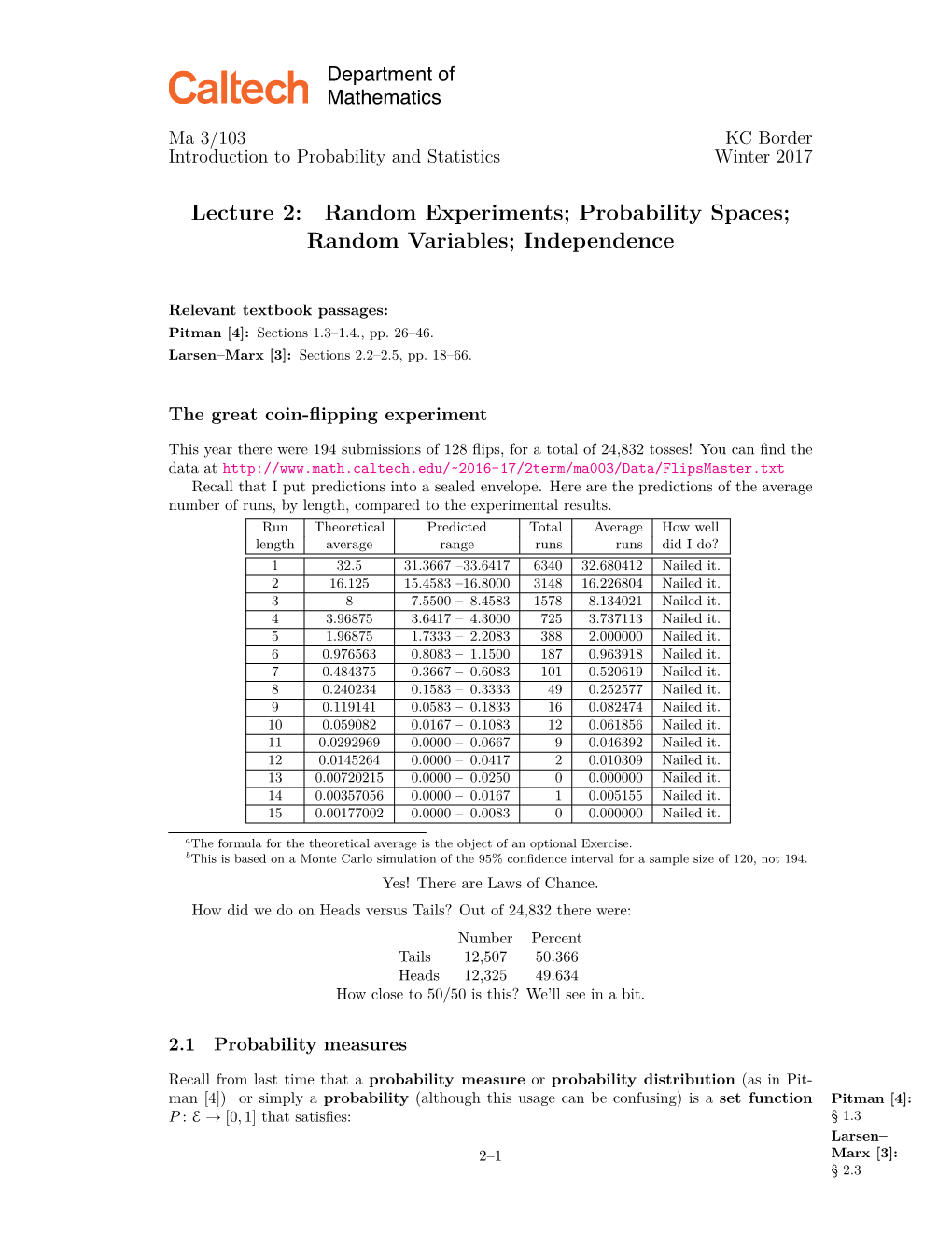 Lecture 2: Random Experiments; Probability Spaces; Random Variables; Independence