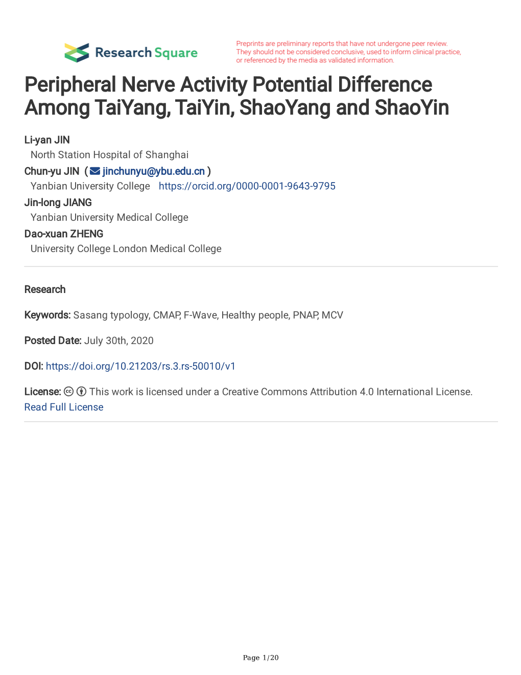 Peripheral Nerve Activity Potential Difference Among Taiyang, Taiyin, Shaoyang and Shaoyin