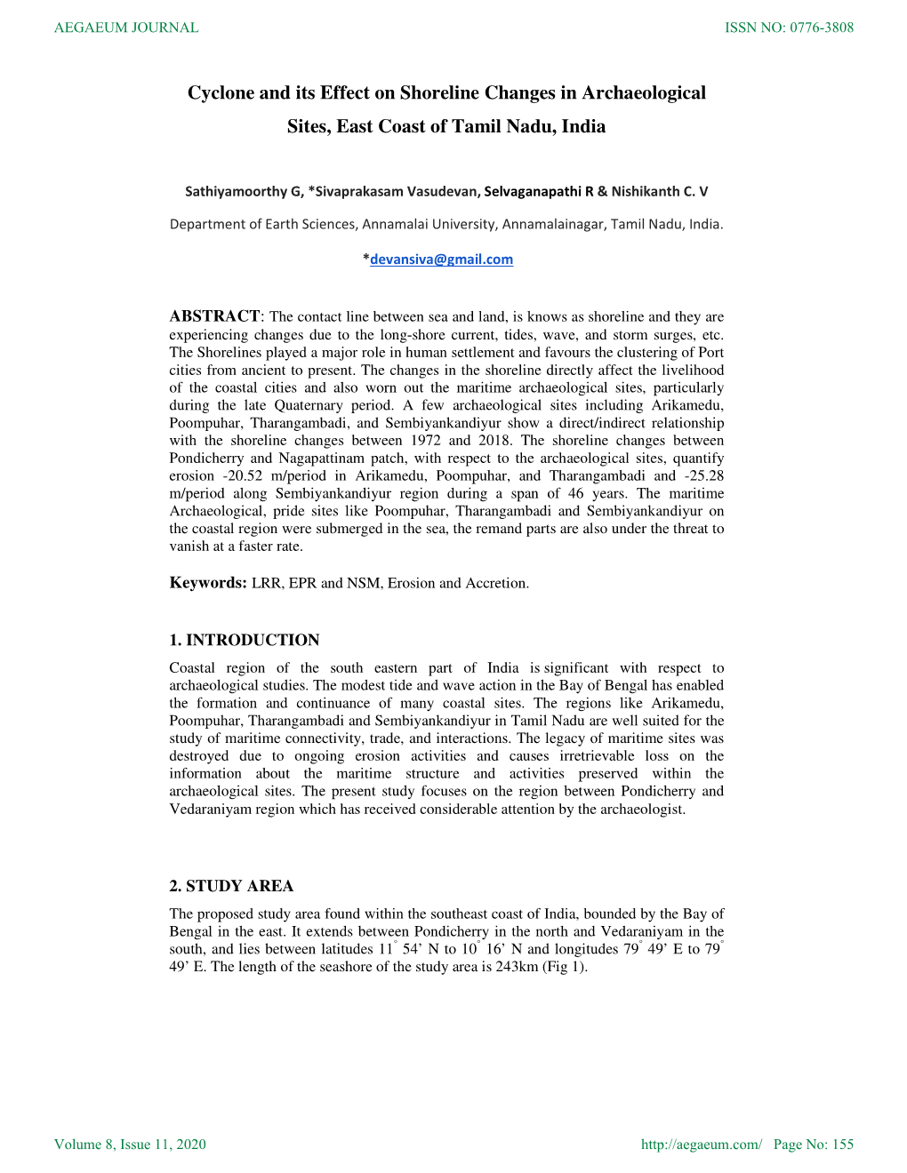 Cyclone and Its Effect on Shoreline Changes in Archaeological Sites, East Coast of Tamil Nadu, India