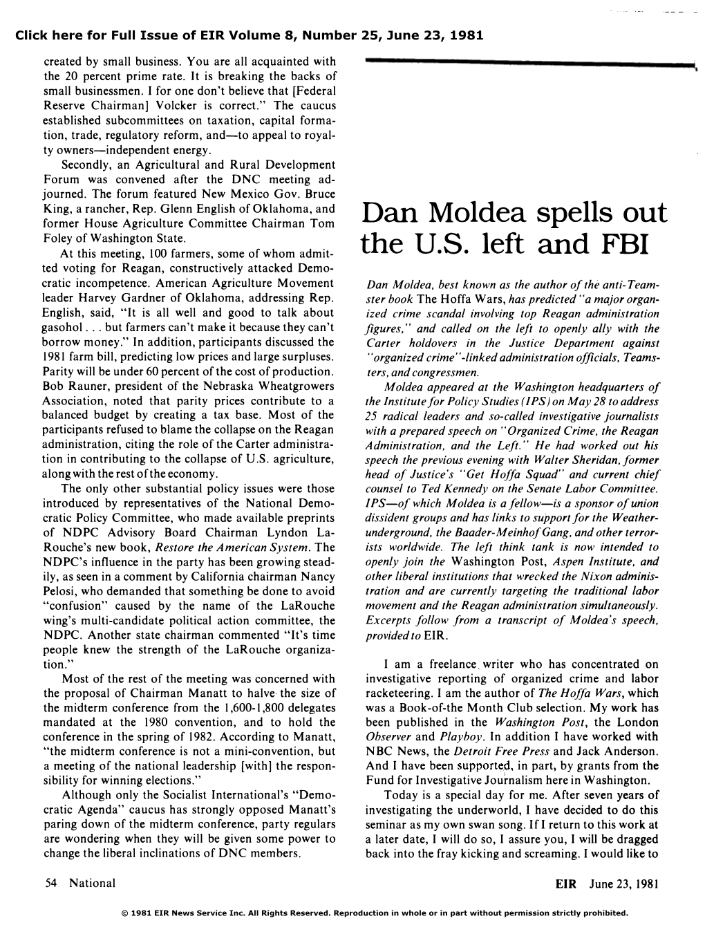 Dan Moldea Spells out an Alliance of the U.S. Left and FBI Against Reagan