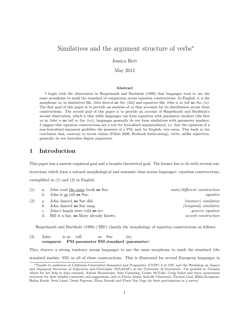 Similatives and the Argument Structure of Verbs∗