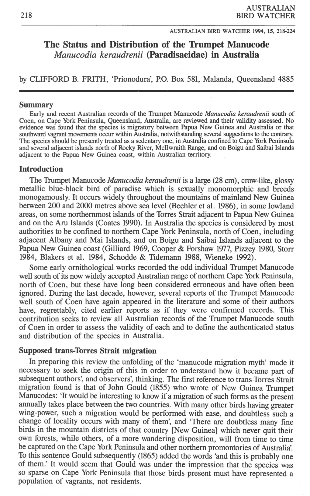 The Status and Distribution of the Trumpet Manucode Manucodia Keraudrenii (Paradisaeidae) in Australia by CLIFFORD B