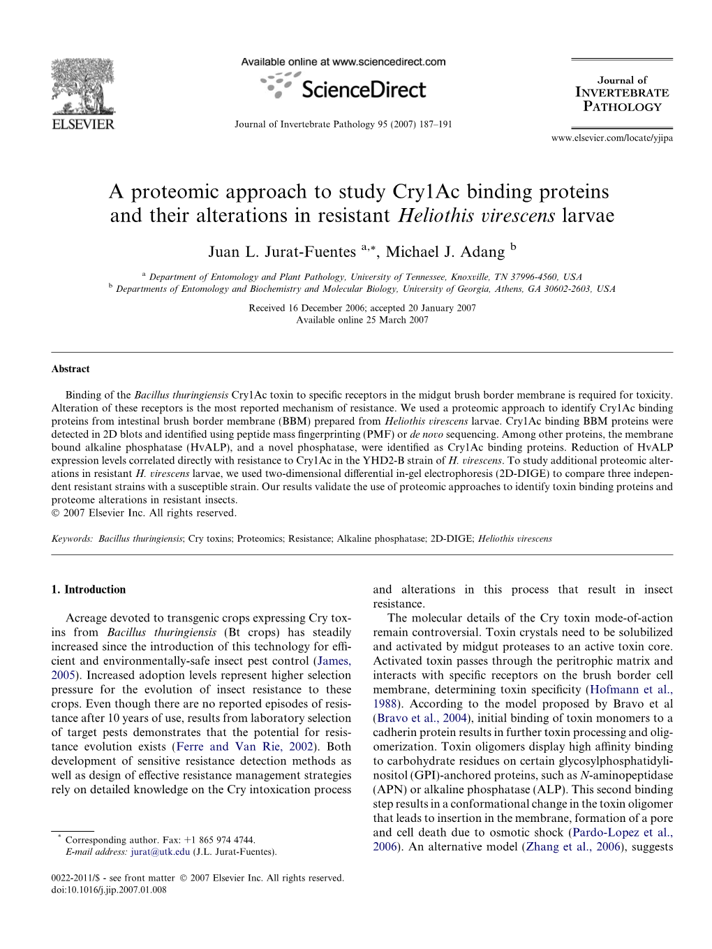 A Proteomic Approach to Study Cry1ac Binding Proteins and Their Alterations in Resistant Heliothis Virescens Larvae