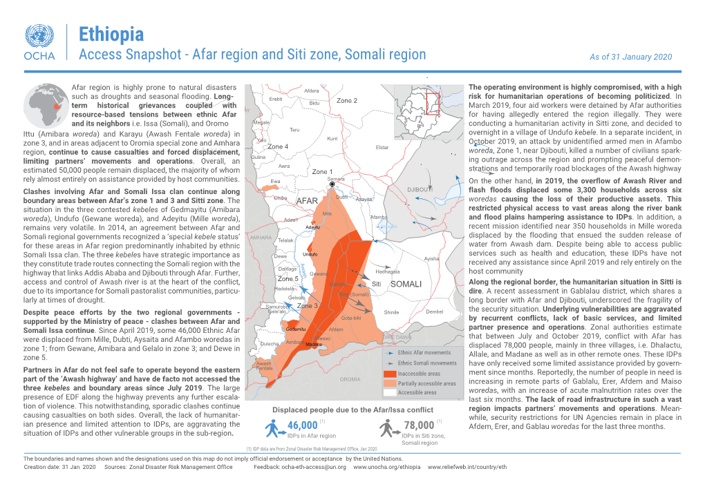 Ethiopia Access Snapshot - Afar Region and Siti Zone, Somali Region As of 31 January 2020