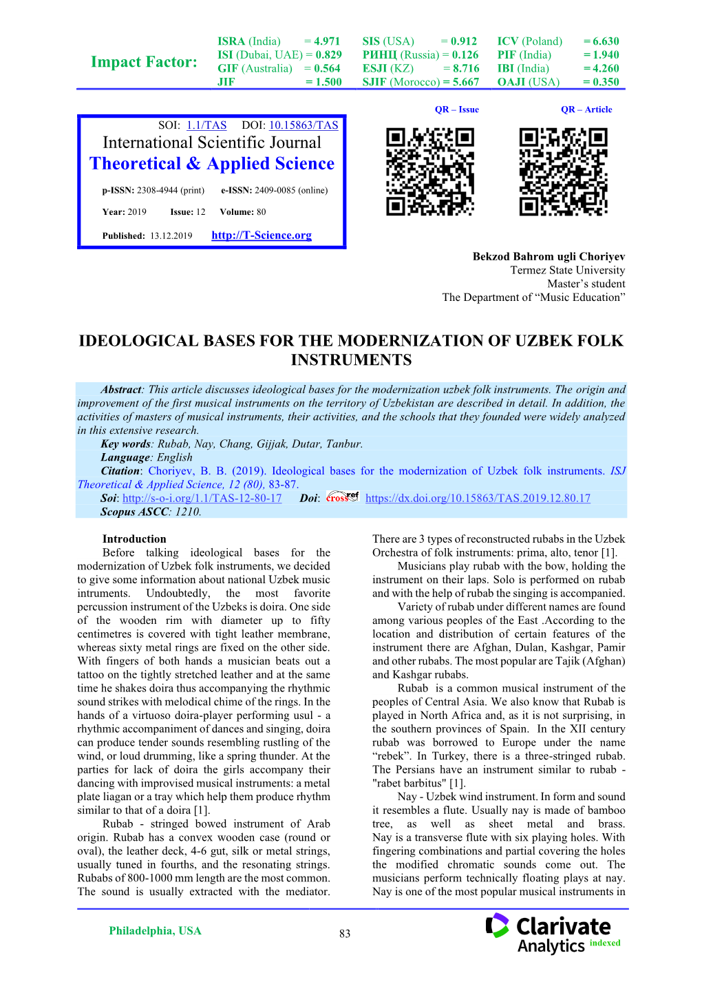 Ideological Bases for the Modernization of Uzbek Folk Instruments