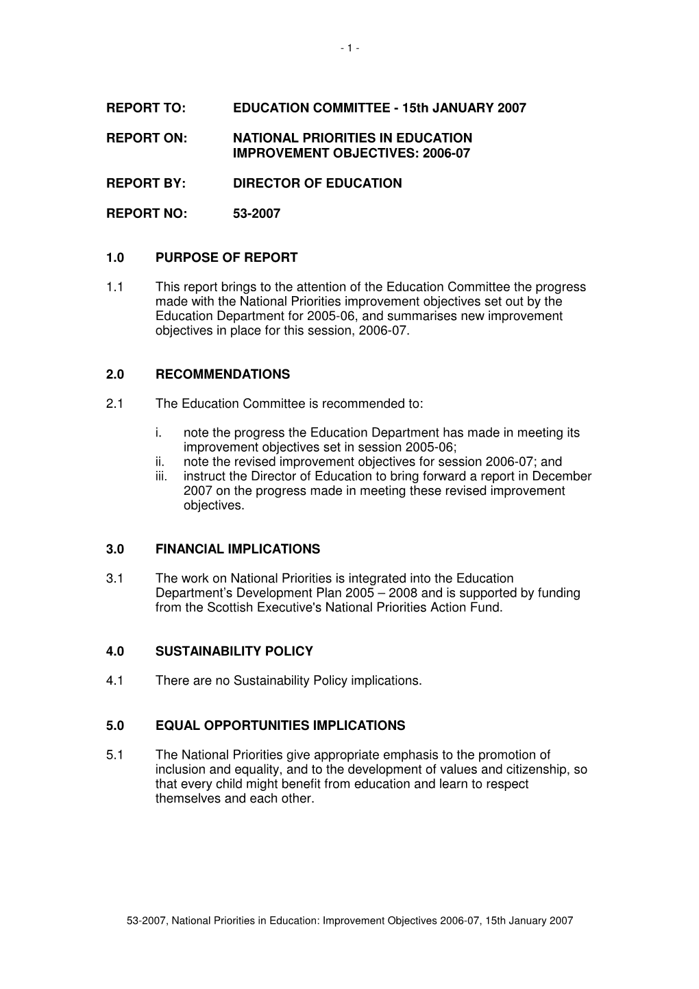 EDUCATION COMMITTEE - 15Th JANUARY 2007