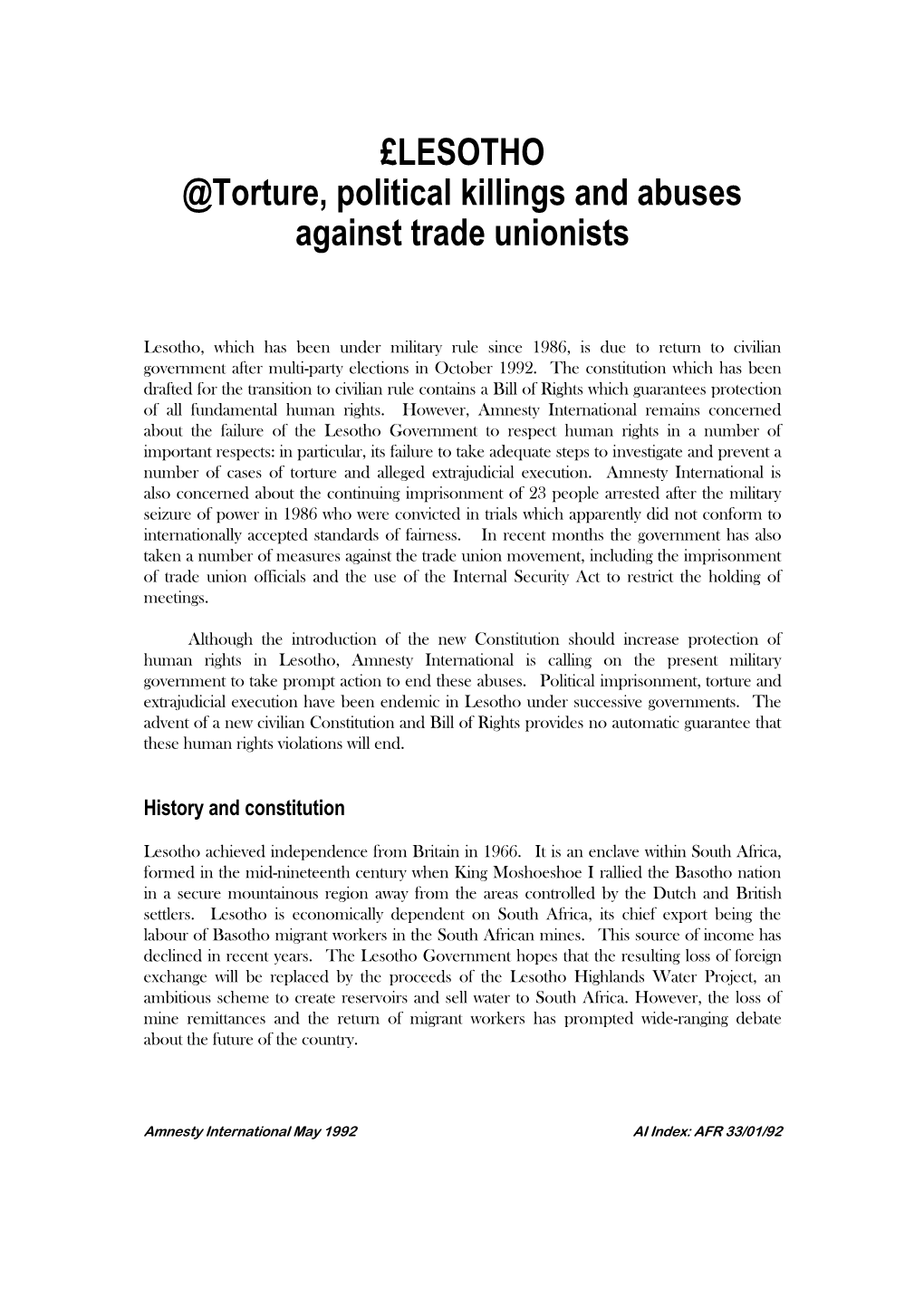 LESOTHO @Torture, Political Killings and Abuses Against Trade Unionists
