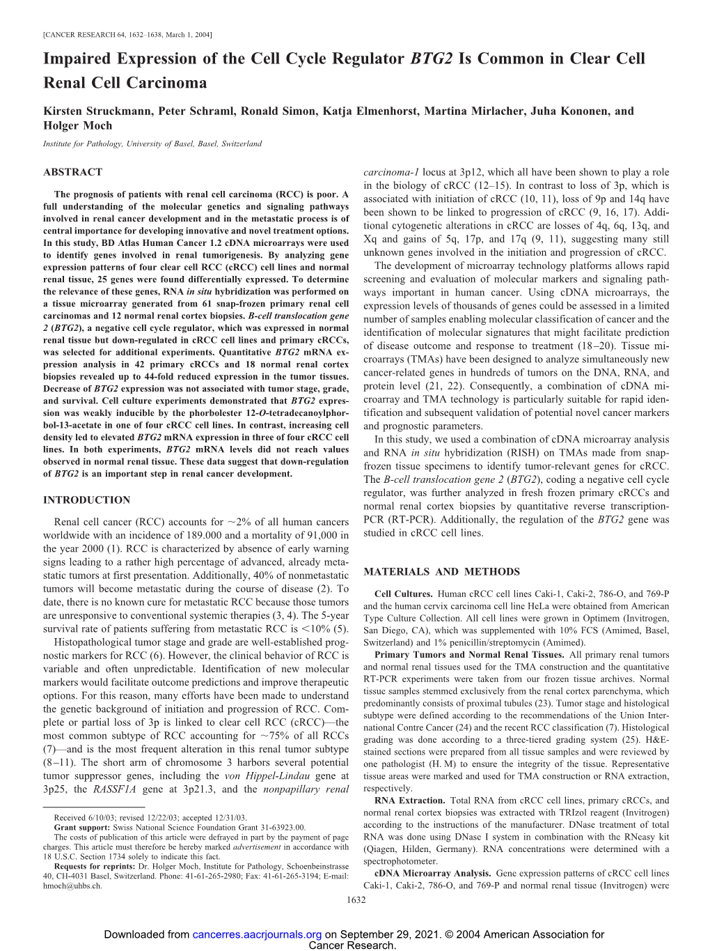 Impaired Expression of the Cell Cycle Regulator BTG2 Is Common in Clear Cell Renal Cell Carcinoma