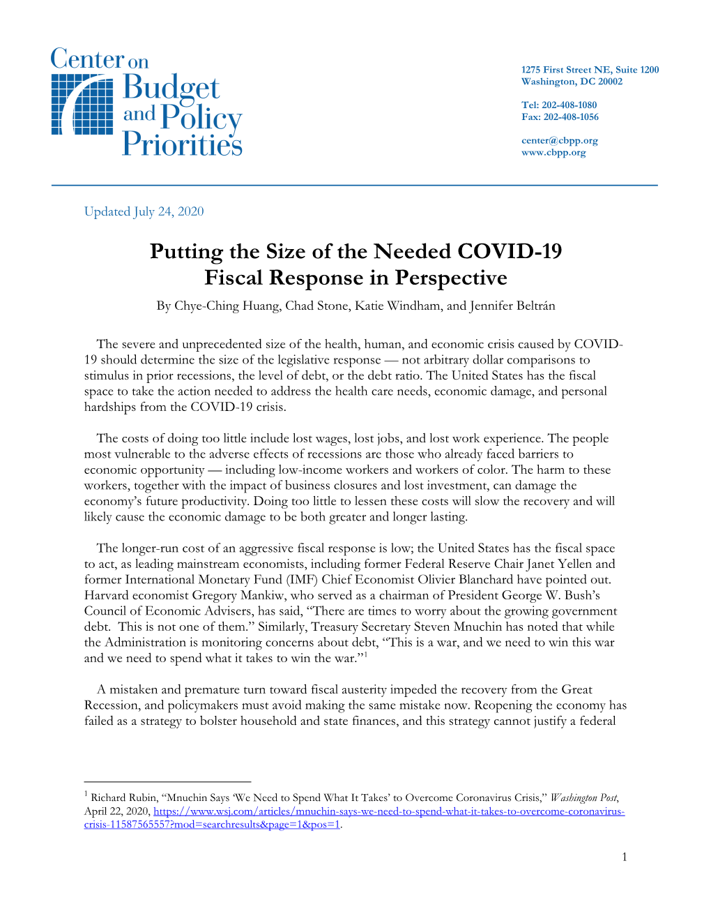 Putting the Size of the Needed COVID-19 Fiscal Response in Perspective by Chye-Ching Huang, Chad Stone, Katie Windham, and Jennifer Beltrán