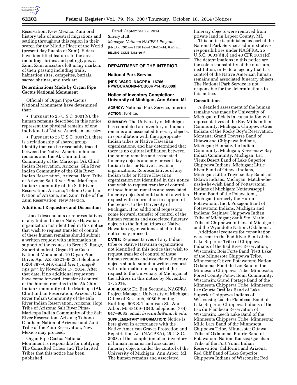 Federal Register/Vol. 79, No. 200/Thursday, October 16, 2014