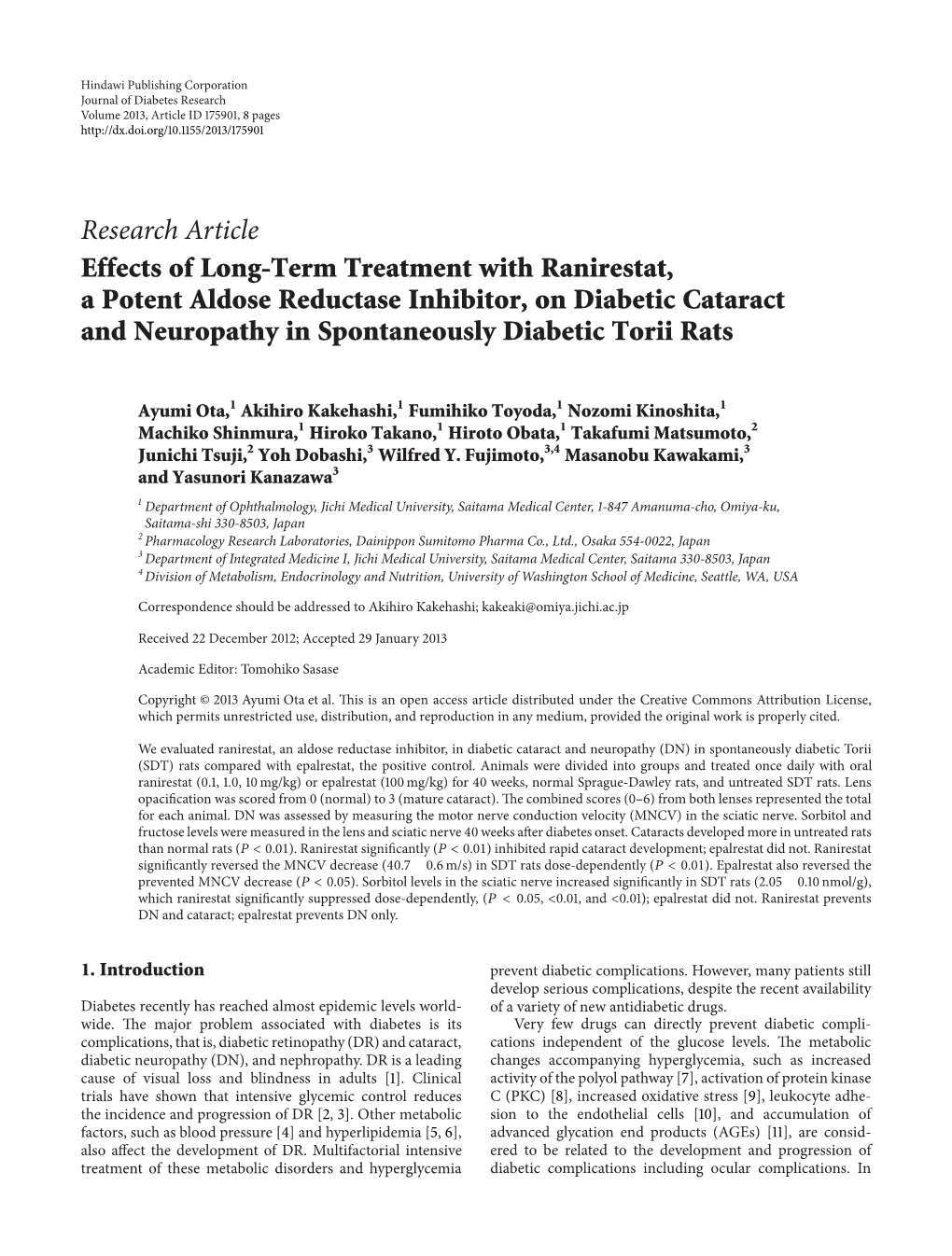 Effects of Long-Term Treatment with Ranirestat, a Potent Aldose Reductase Inhibitor, on Diabetic Cataract and Neuropathy in Spontaneously Diabetic Torii Rats