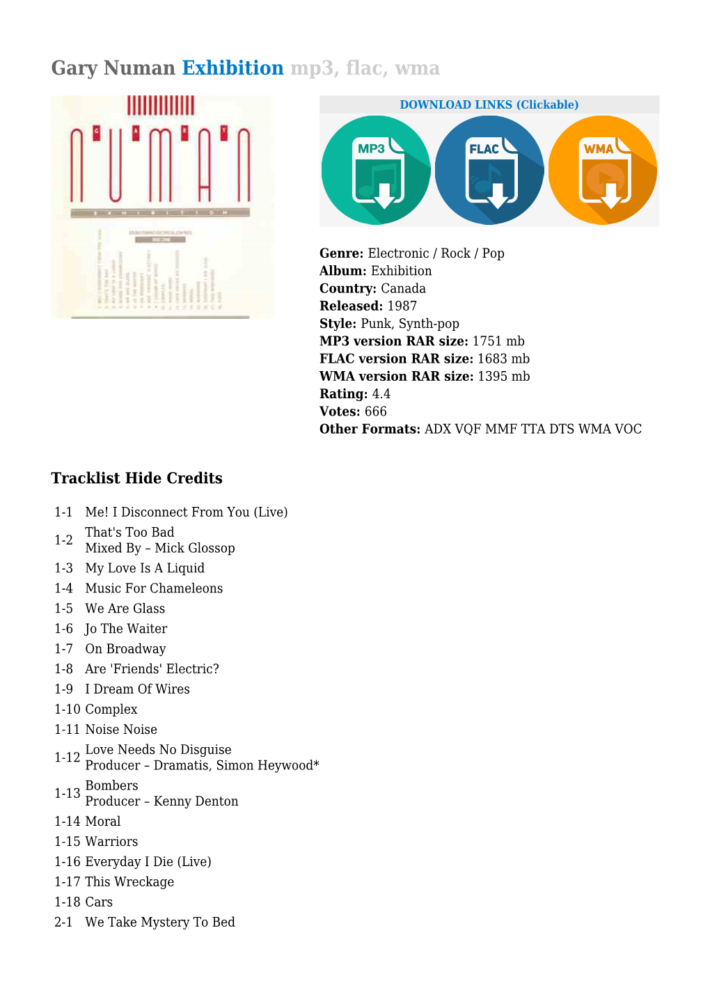 Gary Numan Exhibition Mp3, Flac, Wma