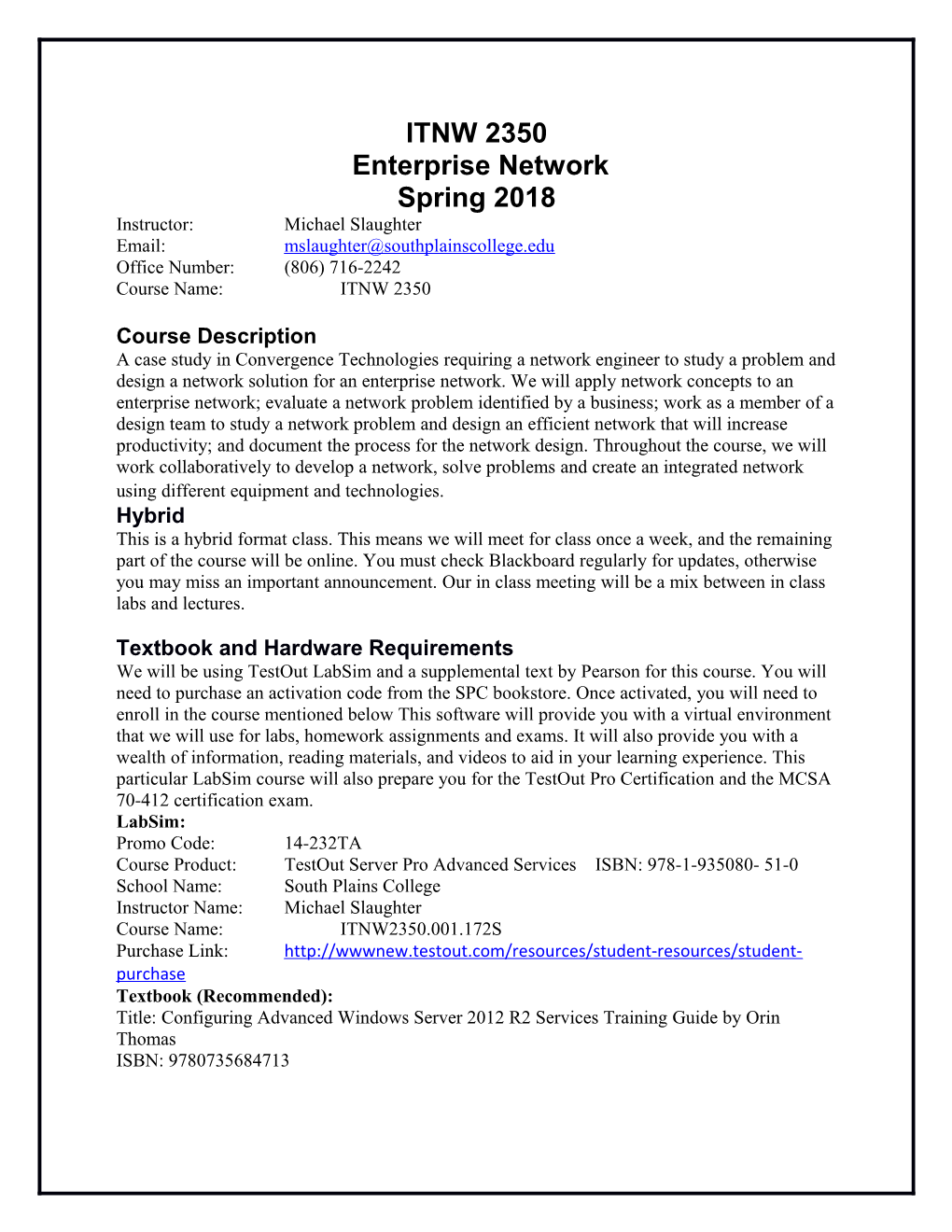 ITNW 2350 Enterprise Network Spring 2018