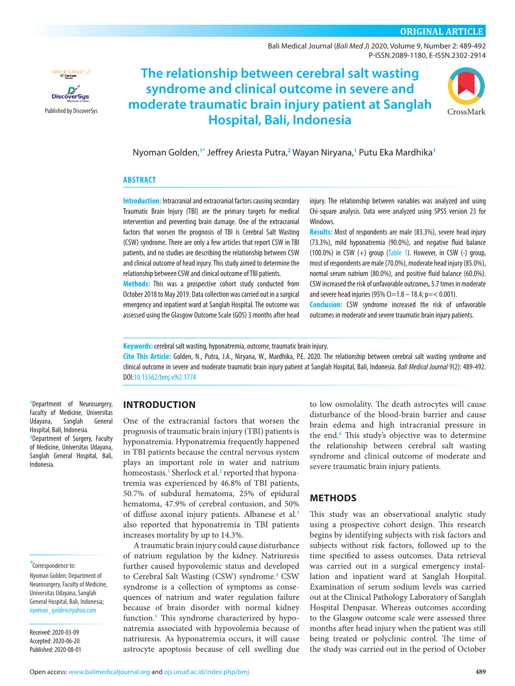 The Relationship Between Cerebral Salt Wasting Syndrome and Clinical