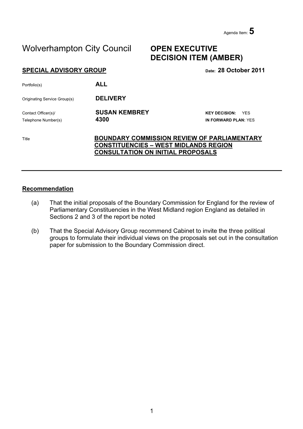 Wolverhampton City Council OPEN EXECUTIVE DECISION ITEM (AMBER)