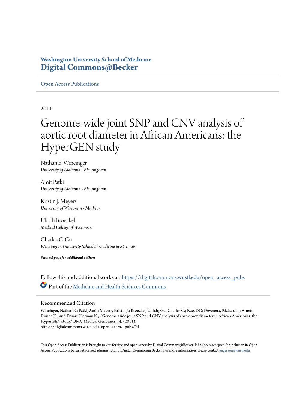 Genome-Wide Joint SNP and CNV Analysis of Aortic Root Diameter in African Americans: the Hypergen Study Nathan E