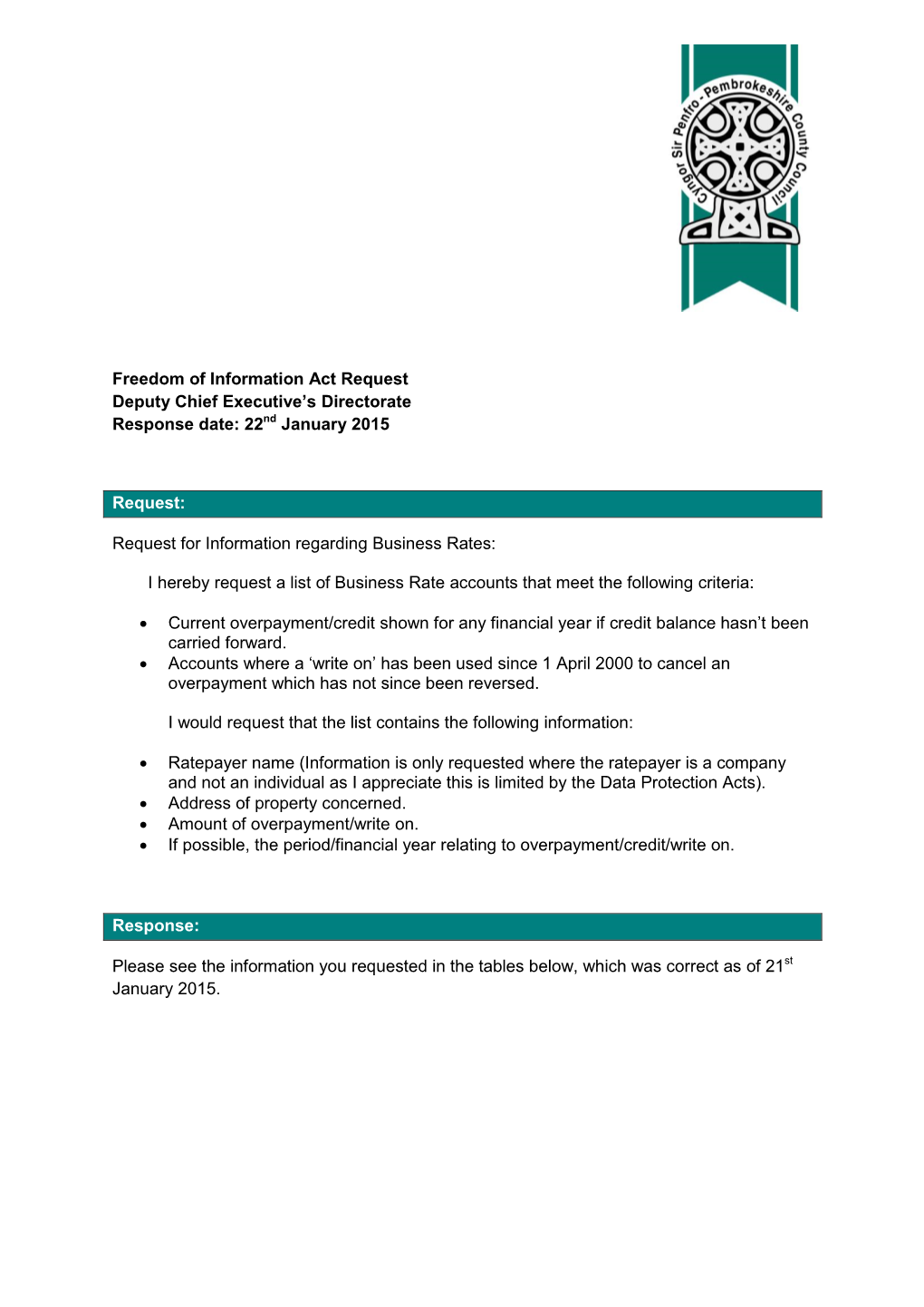 Freedom of Information Act Request Deputy Chief Executive’S Directorate Response Date: 22Nd January 2015