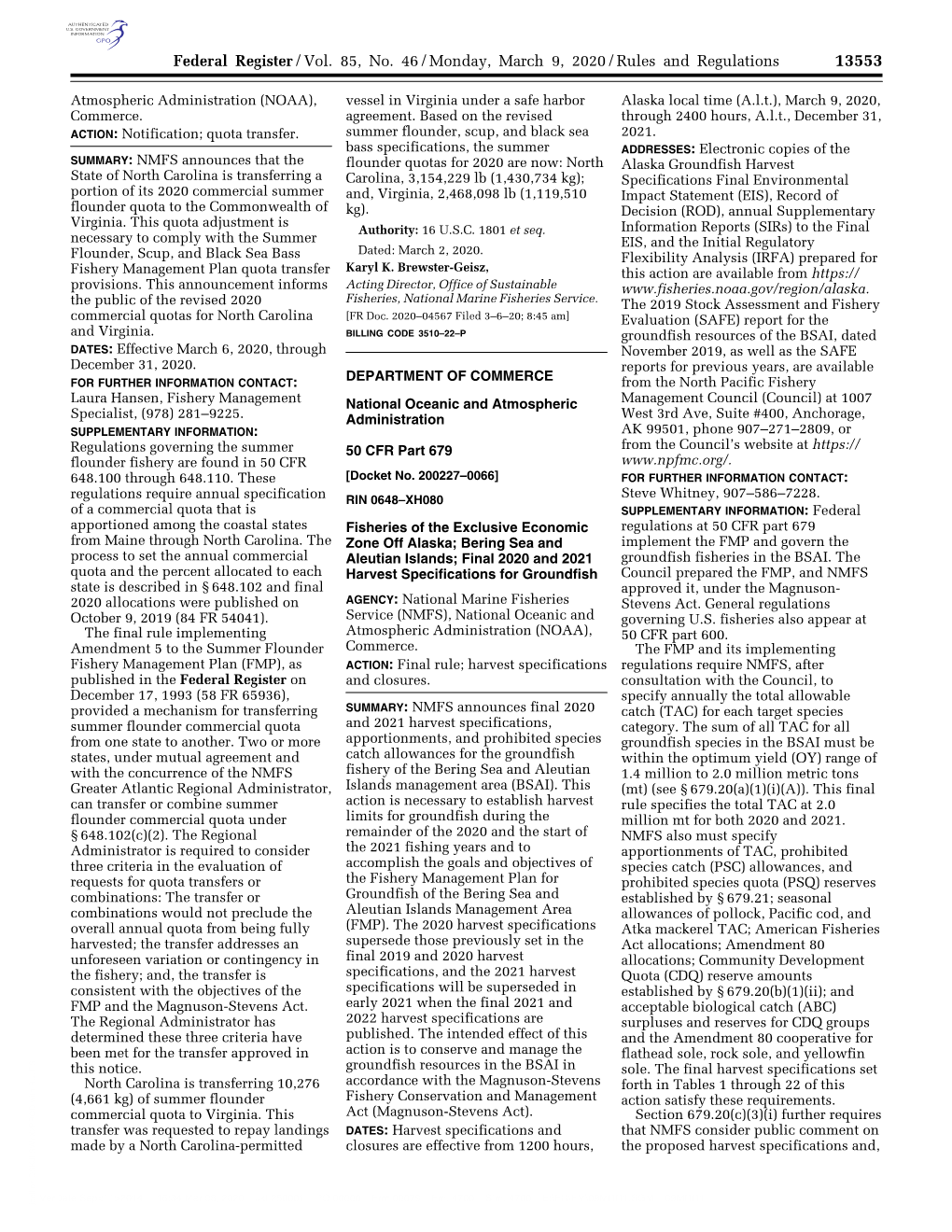 Federal Register/Vol. 85, No. 46/Monday, March 9, 2020/Rules