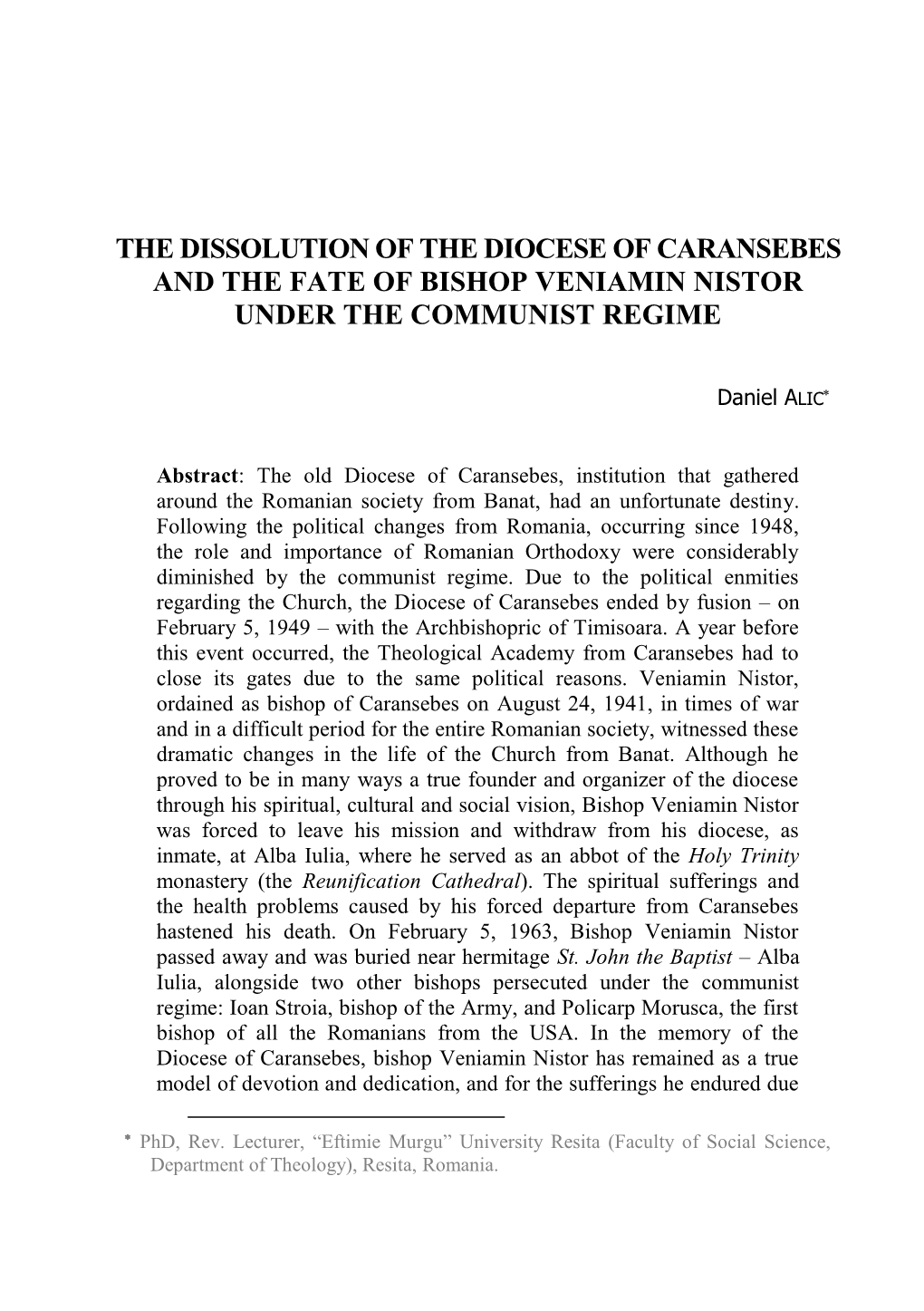 The Dissolution of the Diocese of Caransebes and the Fate of Bishop Veniamin Nistor Under the Communist Regime